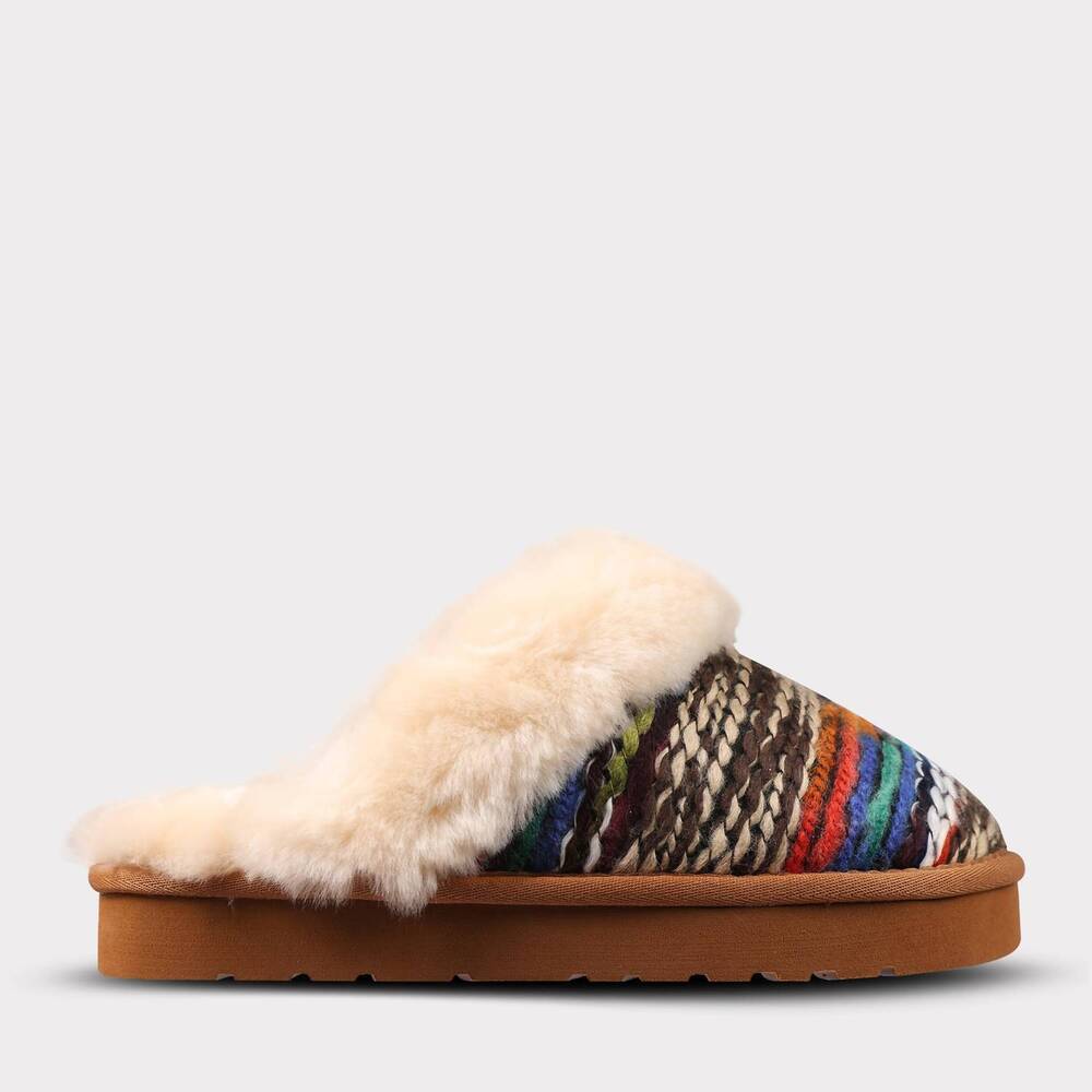 NEW LAMO women's slip-on scuff slipper in chestnut/multi